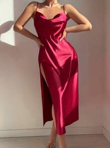 1pc Women's Elegant Solid Color Slip Dress With Slit, Sexy Spaghetti Strap, Lightweight And Soft Sleepwear For Homewear, Vacation