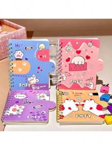 4 piezas Cuadernos con anillas con diseño de garra de gato de dibujos animados, portátiles de alta calidad para estudiantes, útiles escolares