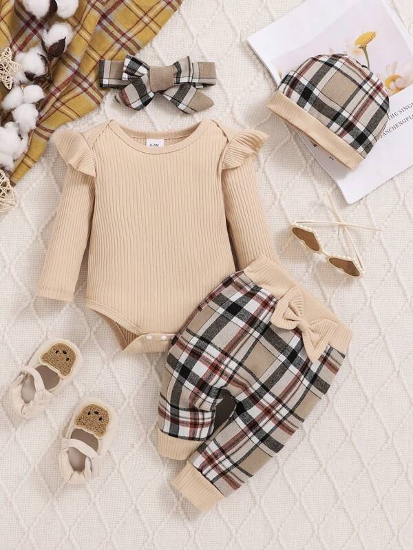 Baby Girl 3pcs/Set Pink Long Sleeve Romper, Plaid Pants And Hat Set, Autumn/Winter