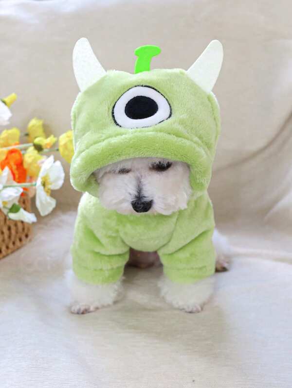 1 pieza Ropa para mascotas Conjunto corto de franela con diseño de perrito feliz - Mascota con antena