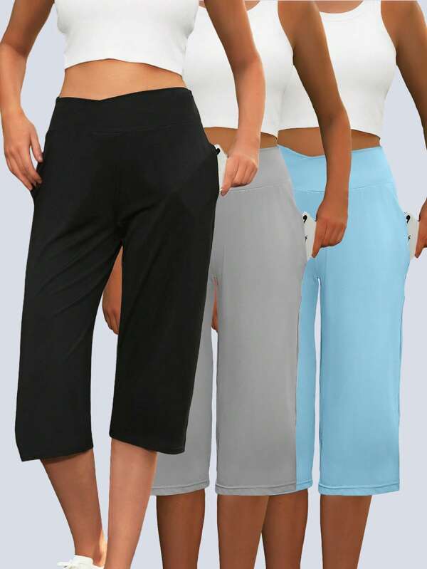 3 piezas Pantalones casuales multicolor para mujer para deportes al aire libre, nuevos pantalones de verano de unicolor, transpirables, de gran flexibilidad y cómodos, longitud 7/8, con diseño de pretina cruzada, adecuados para calle, tenis, ocio, correr