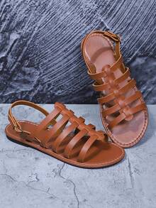 女士罗马凉鞋，优雅波西米亚休闲沙滩派对时尚 PU 皮革扣平底凉鞋，适合夏季海滩、度假、婚礼、派对、办公室、户外健身房使用