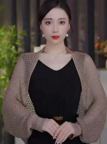 1pc Women High Quality Long Sleeve Thin Knit Shawl Cover Up, Hollow Out Design, Summer Lightweight Outwear