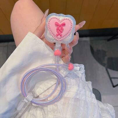 5pcs/Set Bow & Heart Design [British Standard 20W Charger Protective Case] Clear Charging Port Cover & Anti-Break Cable Protector For IPhone11/12 13/14/15/16 Pro Max/Plus | 2-In-1 Protective Case Combo