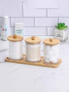 Caja de almacenamiento de 10 oz con bolas/almohadillas de algodón y bandeja de tocador, frasco para hisopos de algodón, caja de almacenamiento transparente para el baño, set de 3 piezas, tapa de madera - color madera - Ver 4