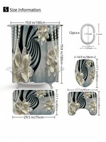 1 pièce/4 pièces Set de décoration de salle de bain multifonctionnel avec fleurs strass - Rideau de douche avec 12 crochets, tapis de bain, tapis en forme de U, couvercle de toilette rond, convient à tous les environnements de salle de bain, retour à l'école