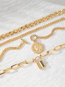 3 Piezas/conjunto Collar De Cadena Gruesa De Capas Múltiples Con Colgantes De Candado Y Moneda Para Mujeres