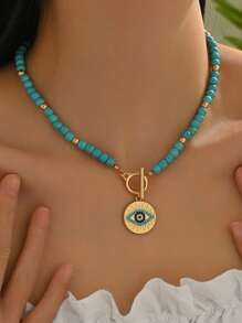 1 pièce Collier fait main avec perles de turquoise, pendentif Ras-du-cou à l'œil de diable créatif, design personnalisé, convient pour un port quotidien, séances photo, soirées