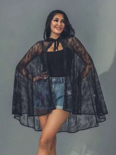 1 Piece Of Black Hooded Halloween Cloak, Wizard Lace Shirt, Mesh Shawl, Rolled-Up Tie, Floral Pattern Fall Clothes For Women