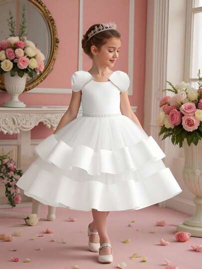 女童无袖薄纱缎面蝴蝶结露背优雅礼服，适合花童、婚礼、宴会等场合，不含头饰