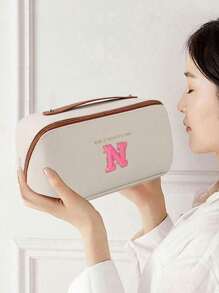 PU Leather Waterproof Cosmetic Bag, With Letter Cosmetic Storage Bag, Multifunctional Travel Storage Bag, Large Capacity Double Layer Cosmetic Bag