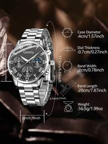 4PCS Silver Alloy Strap Men's Watch Set Fashion Classic Business Roman Digital Scale Round Dial Quartz Watch Bracelet Necklace Ring Set Suitable For Daily Clothing Matching