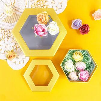 2 pezzi Set di scatole regalo in acrilico trasparente esagonali, tonalità vibranti di giallo, arancione vivace, albicocca delicata e rosa cipria, ideali per gioielli, piccoli oggetti da collezione e conservazione di ricordi. Perfetti per fai-da-te, regali di compleanno, bomboniere per matrimoni o come eleganti vasi da scrivania. Eleva i tuoi regali con questi versatili e stilosi contenitori organizzativi, che catturano l'essenza di celebrazioni gioiose e occasioni festive.