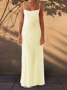 Women Long Dress Lace Patchwork Sleeveless Cami Dress Summer Tie-Up Backless Spaghetti Strap Dress - Màu vàng - Xem 3