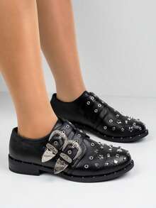 Mocasines con hebilla y tachuelas occidentales - Negro - Ver 3