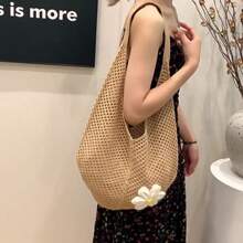 Hollow Out Weave Straw Bag Bohemian Beach Handbag Hollow Tote Bag Large Capacity Shopping Beach Bag Fashion Hollow Out Weave Straw Bag Beach Handbag Bohemian Style Beach Bag Slouchy Style Large Capacity Hollow Tote Bag Vacation