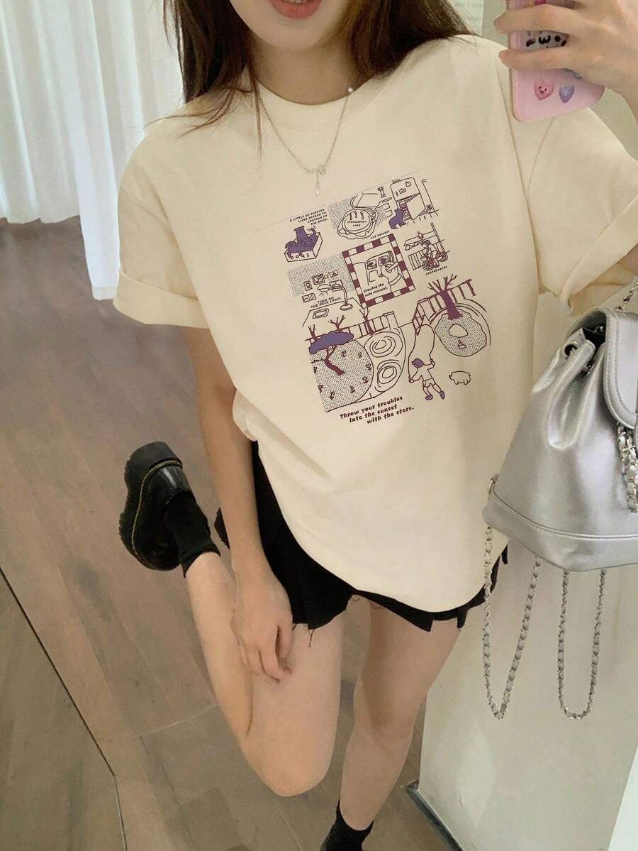 200g Pure Cotton T-Shirt 2025 Summer Ladies New Short Sleeve Pure Cotton Holiday Pattern Short Sleeve Round Neck Couple Wear Small Shirt Tops - 杏色 - 查看 1