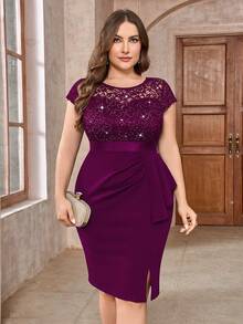 Plus Sequin Lace Bodice Ruffle Split Thigh Wrap Hem Cocktail Party Bodycon Dress, Valentine's Day Dress, Summer Dress, Evening Party Dress, Graduation Dress, For Birthday, Wedding Guest, Homecoming - Maroon - View 10