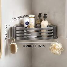 1pc Space-Saving Aluminum Bathroom Corner Shelf, Wall-Mounted Storage Rack With No Drilling Required, Triangular Design Suitable For Bathroom And Kitchen, Comes With Hooks, Essential For Back To School Season - Multicolor - View 8