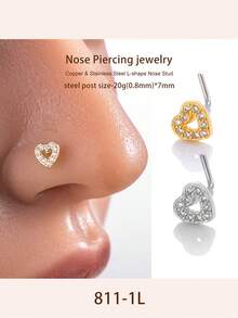 Toppiercing 1pc Stainless Steel L-Shaped Nose Stud With Hollow Out Heart Shaped Decoration - Yellow Gold - View 1