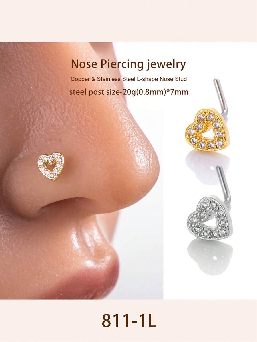 Toppiercing 1pc Stainless Steel L-Shaped Nose Stud With Hollow Out Heart Shaped Decoration - Yellow Gold - View 1