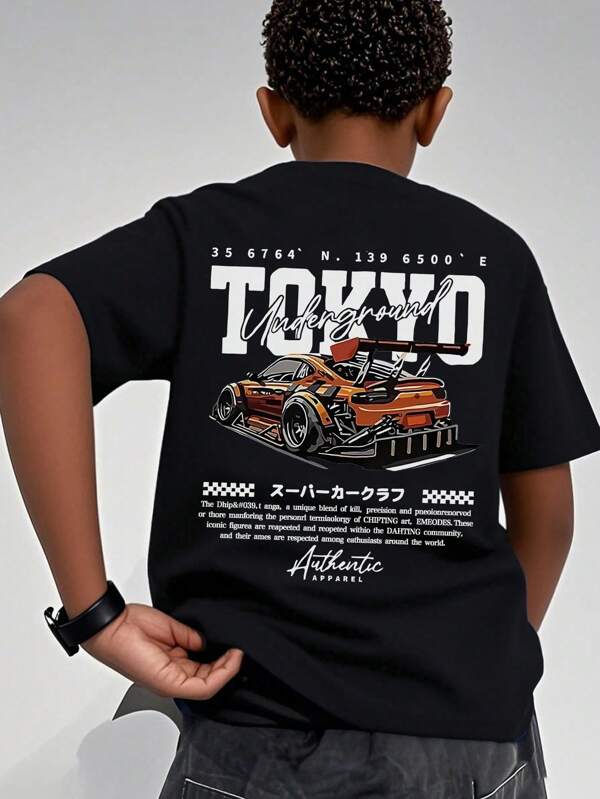 1pc Car Print Short Sleeve T-Shirt, Suitable For Boys Youth, Summer Casual Top