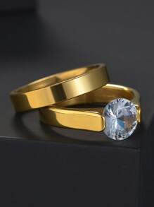 1 Pc Stainless Steel 6mm Bling Zirconia Wedding Couple Rings For Women Men Lovers Gold Color Jewelry Sets Engagement Gift