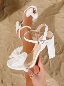 Summer Fashion Bow Flower Wedding Shoes, Comfortable Sexy Open Toe Chunky Heel Sandals, White Leather Strap High Heel Sandals For Women - White - View 1