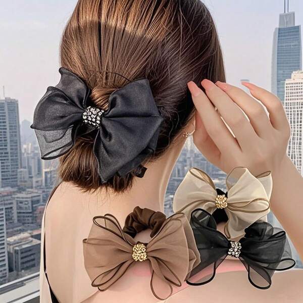 3 piezas Nuevos lazos para el cabello con detalles de malla y rhinestone, con alta elasticidad y durabilidad, accesorios