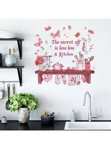 Kitchen Stickers/Decorative Stickers English Kitchen Kitchenware Butterfly Flower Rack Stickers Waterproof And Dustproof Stickers, 1 Piece Pvc Material Removable Wear-Resistant Stickers, Wall Stickers 23.62*11.81 Inches, Suitable For Kitchen Decoration, Wall Decoration, Restaurant Decoration, Interesting Birthday Gifts, Graduation Gifts, Make Your Home A New Look
