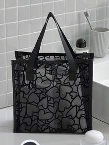 1个/3个装植绒爱心化妆包，大容量透明网眼化妆包带提手，便携式化妆刷收纳袋旅行洗漱包镂空口红零钱包化妆品收纳夏季旅行必备沙滩度假假期学校用品宿舍必备返校包沙滩包书包洗漱包旅行 - 黑色 - 查看 6