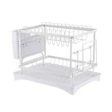 2 Tiers Dish Drying Rack Plate Bowl Cup Utensil Drainer Tray Cutting Board Pot Lid Holder Cutlery Storage Basket Kitchen Sink Countertop Organizer Adjustable Drain Pipe