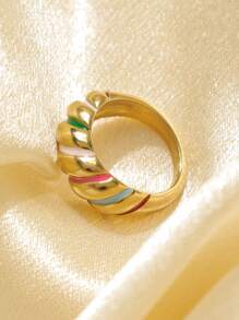 1pc & Personalized Style Stainless Steel Plated Gold Multicolor Striped Detail Ring, Suitable For Women To Wear On Music Festivals, Fashion Parties And Other Occasions
