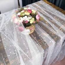 1 pezzo Sfondo fotografico per torte, tenda in morbido tulle, tovaglia per tavola dolci in organza finta perla, sfondo in stile fiabesco in pizzo bianco
