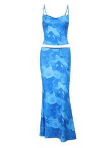 Spring/Summer Floral Print Fitted Camisole And Mini Skirt Set, Suitable For Parties And Cocktail Events - Blue - View 2