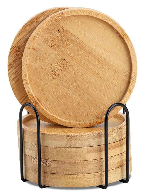 6pcs/Set Bamboo Coasters, Multi-Shaped Lids, Round, Square, Heart, Hexagon Coasters, Suitable For Coffee Cups, Flower Pots, Wine Glasses, Beverage Trays, DIY Trays, Home & Office Desk Decor