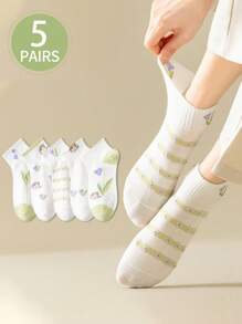 5 Pares (Estilo Aleatório) Meias Curtas Respiráveis com Estampa de Alimentos Frescos e Flores, Meias Fofas de Renda Branca com Corte Baixo para Estudantes