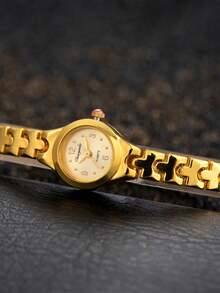 Round Dial Quartz Watch Gold Bracelet Wristwatch For Women, Small Dial Quartz Watch, Cheap Watch, Birthday Gift For Girlfriend, Jewelry Wristwatch, Suitable For Girls, Ladies, Students - 金色 - 查看 3