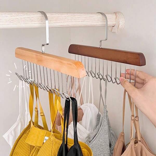 1pc Sturdy Wooden Inner Wardrobe Hanger, Wooden Hanger With 8 Hooks, Foldable To Save Space, Wooden Clothing Storage Box, Suitable For Storing Bras, Ties, Vests, Strapless Bras And Scarves