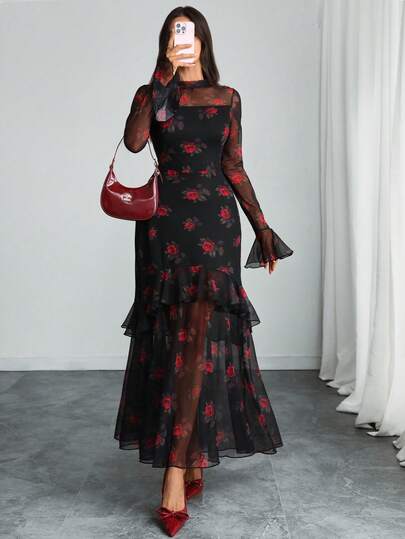 女士哥特式优雅性感网纱拼接彩色印花复古花瓣袖荷叶边鱼尾双层连衣裙 春季