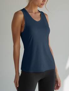 女士健身交叉绑带运动背心，夏季健身房锻炼休闲无袖上衣 - 藏蓝色 - 查看 4