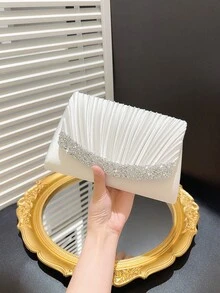 女士时尚水钻装饰晚宴手提包、优雅褶皱缎面翻盖正式派对手拿包、单肩包、斜挎包、正式场合信封包、舞会手拿包 - 白色 - 查看 10