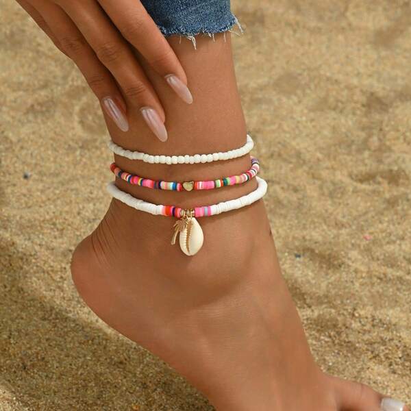 2 Or 3 Piecesset, Women's Anklet, Summer Ocean Style Shell Love White Bead Disc Anklet, Beach Holiday Creative Love Beaded Multi-Strand Anklet Set, Soft Clay Material, Summer Beach Holiday Gift For Girlfriend, Rice Bead Anklet