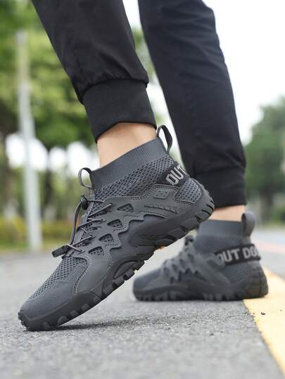 Men's Lightweight Breathable Non-Slip Rubber Sole Hiking Shoes, Mesh & Letter Print Design, Suitable For Outdoor Hiking, Comfortable All Season, Durable Sports Boots, Fashionable Casual Style, Comfortable Fabric Insole