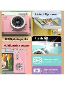 SEREE 4K Clamshell Digital Camera, 48MP Camera, Rechargeable Camera, 2.4-Inch Display Camera, Button Control, Equipped With 32GB Memory Card, The Best Gift For Valentine's Day, A Must-Have Gift For Beginners - 粉色 - 查看 5