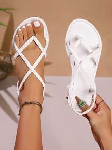 夏季沙滩白色编织宽楦平底凉鞋 - 白色 - 查看 1