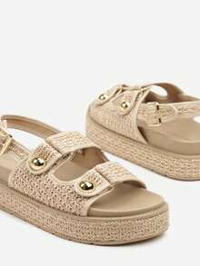 Thick Sole Sandals Decorated With Braid And Heel Strap - Khaki - View 4