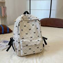 可爱撞色蝴蝶结褶皱个性化柔软女生背包，大容量适合旅行、购物、携带书籍和衣服，学校背包，可爱蝴蝶结背包返校必需品 - 米色 - 查看 5