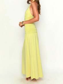 Women's Summer Solid Deep V-Neck Pleated Sexy Elegant Dress - Yellow - View 5