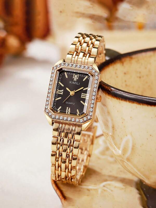 1 pieza Reloj de pulsera de cuarzo con esfera elegante de escala romana de barras, correa de acero, estilo sencillo cuadrado, adecuado como regalo de cumpleaños o para el regreso a la escuela
